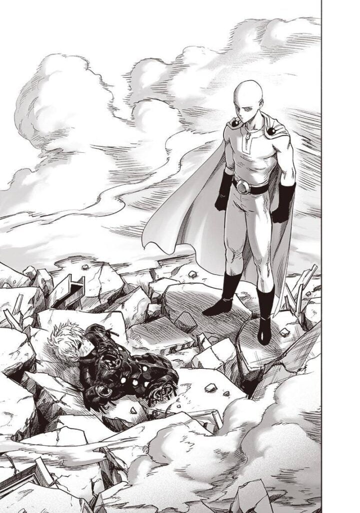 Saitama sees the broken body of Genos lying on the rubble.