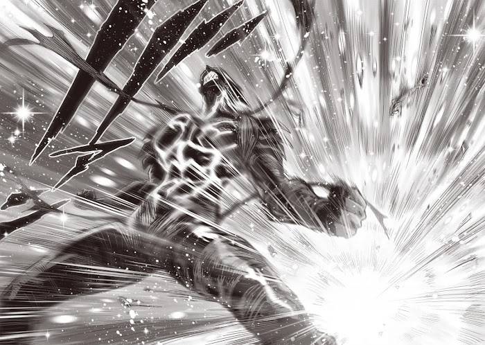 Garou stands and powers up as Platinum Sperm explodes, creating a bright light behind him.