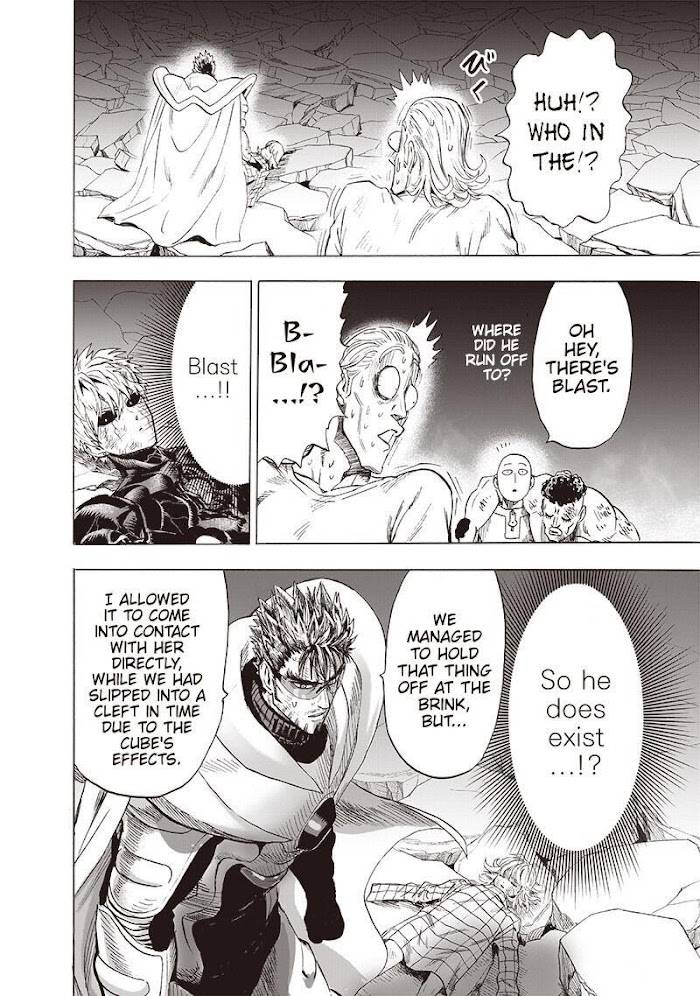 Saitama, King, Puri-Puri Prisoner, and Genos notice the arrival of Blast. King is shocked.