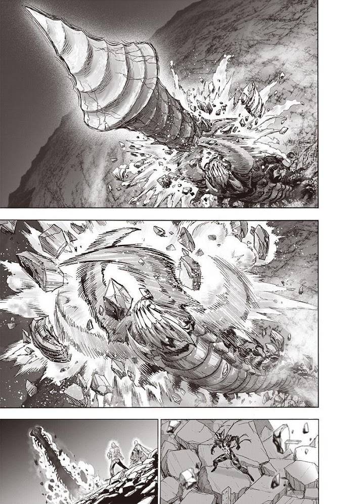 Garou, Saitama, and King watch a huge monster centipede crushing the rock spear as it comes out underground.