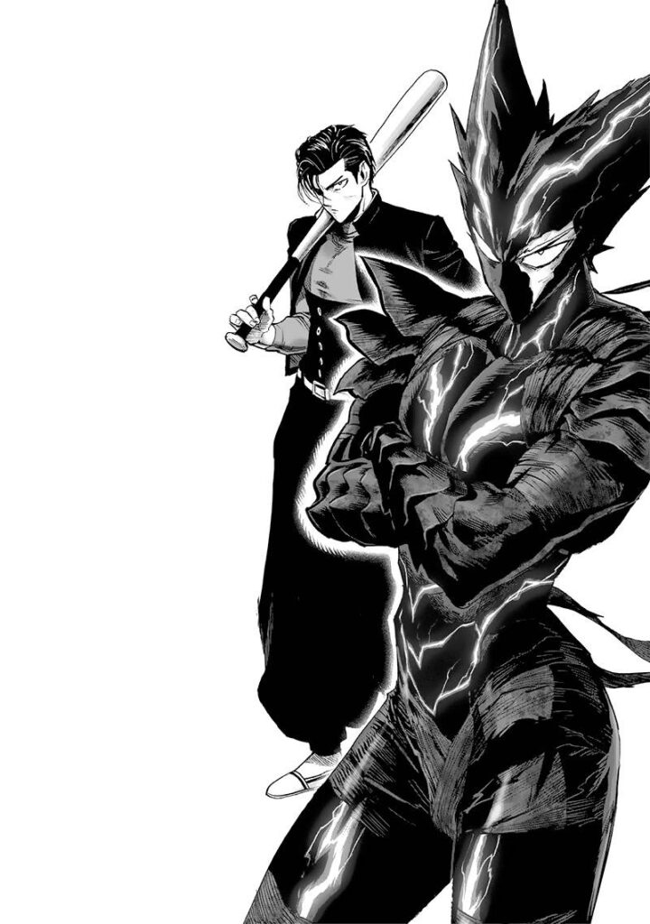 Metal Bat and monsterized Garou standing.