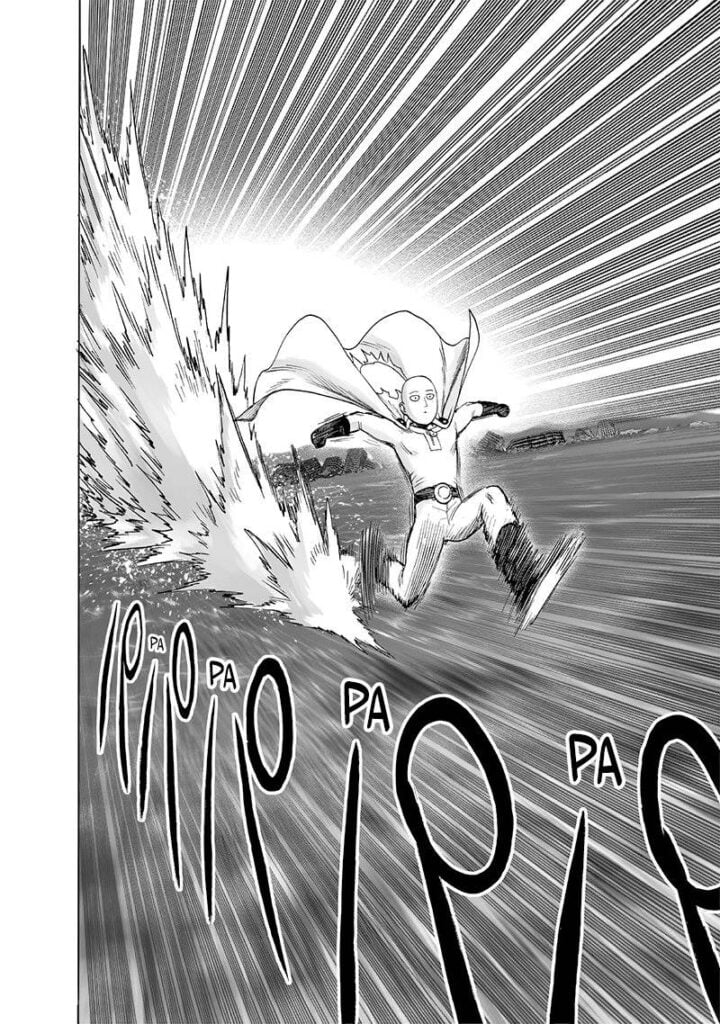 Saitama is running on the water swiftly.