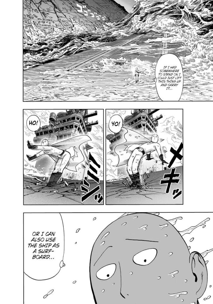 Saitama sways his body while balancing on the ship's deck as the vessel maneuvers on the enormous waves.