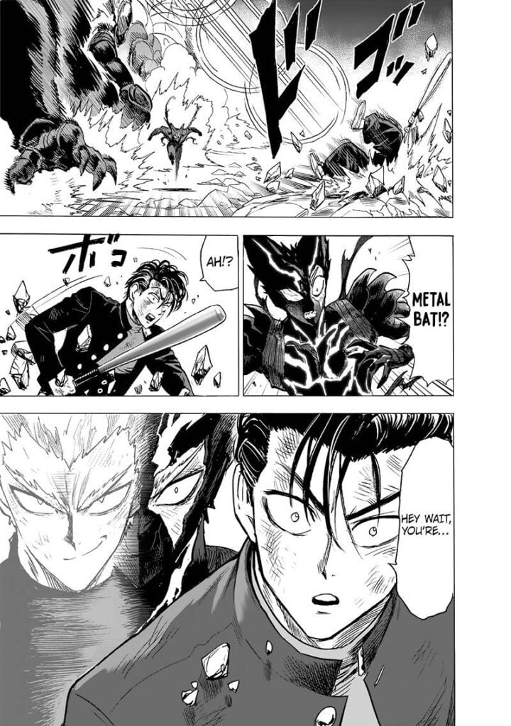 Garou notices Metal Bat, who just crashed near him. Meta Bat also sees Garou.