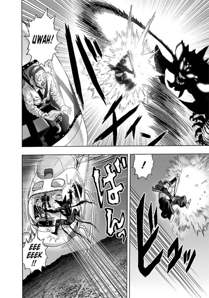 Metal Bat blocks the monster's attack to avoid hitting the helicopter. Garou jumps into the helicopter.