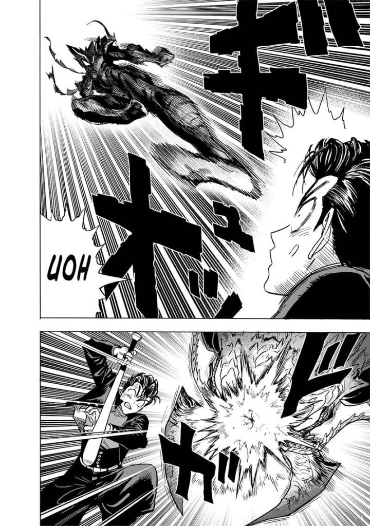 Metal Bat tries to defend himself against Garou's kick. It turns out that Garou is attacking Sage Centipede.