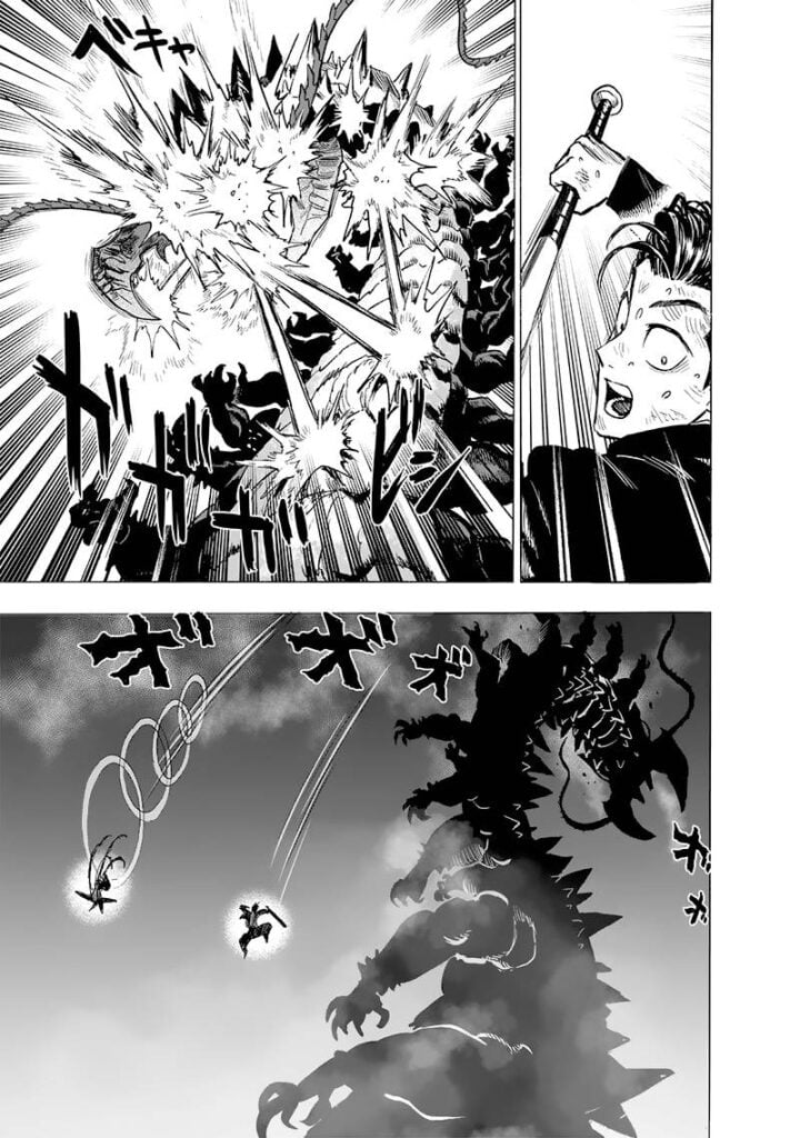 Metal Bat and Garou fall down after attacking Sage Centipede.