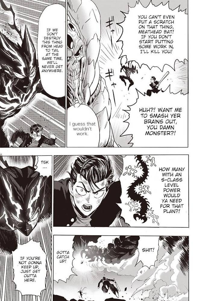 Metal Bat and Garou argue. Metal Bat starts chasing Garou as they try to stop the monster from taking down the heli.