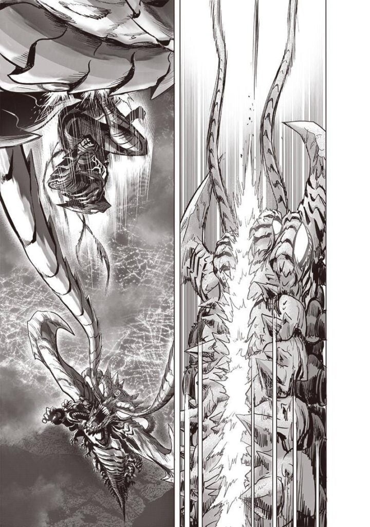 Garou jumps to Sage Centipede's head and uses the regeneration core as a foothold.