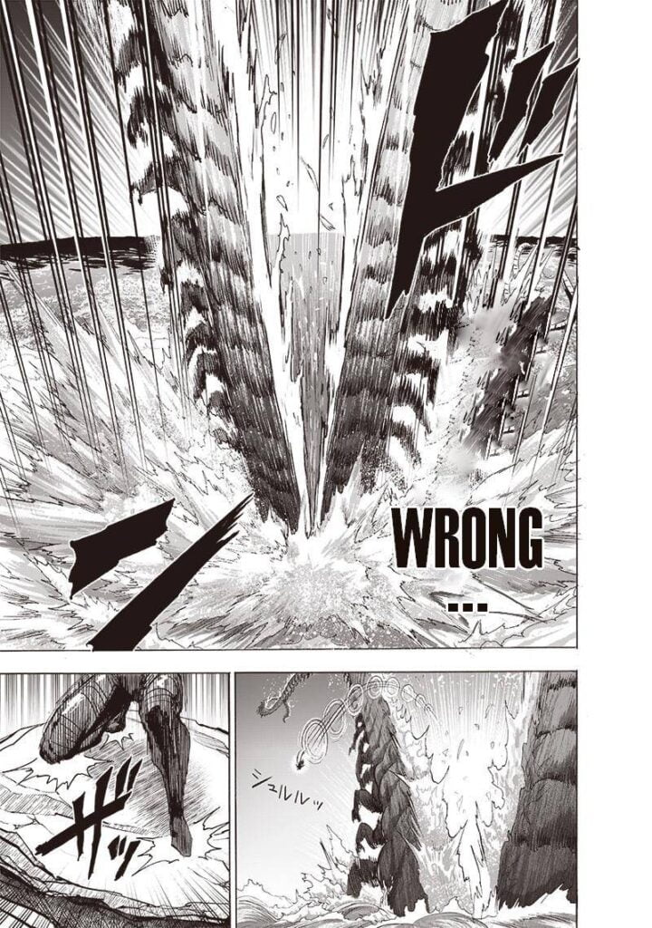 Garou jumps away after and lands on a rock after he completely splits the monster's body.