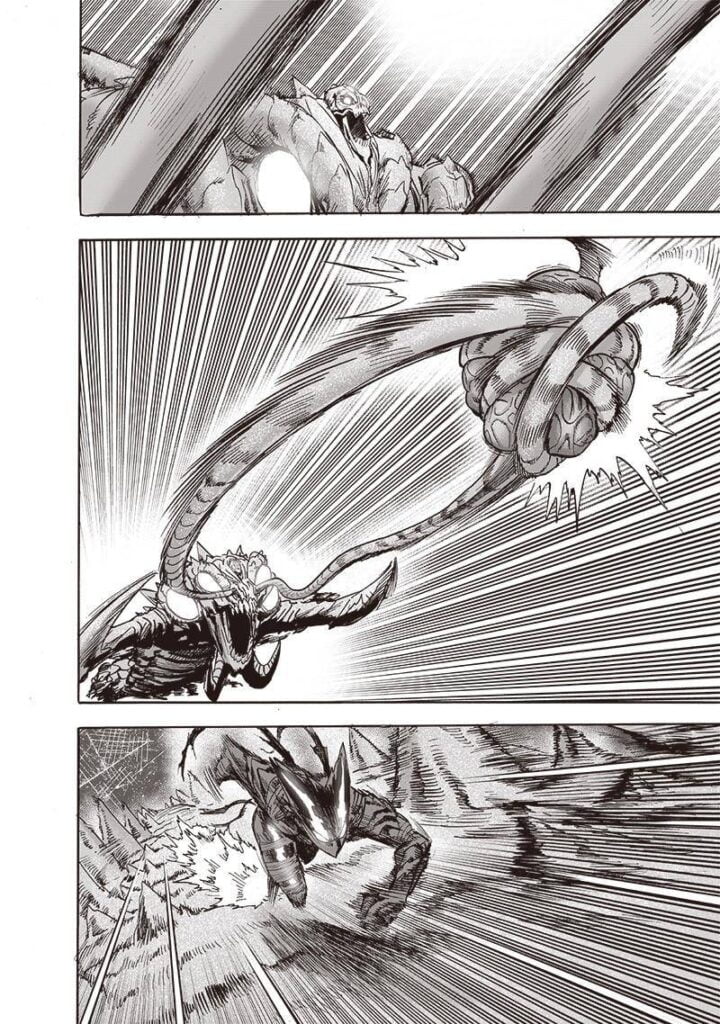 Garou swiftly moves upwards to Sage Centipede's head. The monster grabs his regeneration core using his whiskers.