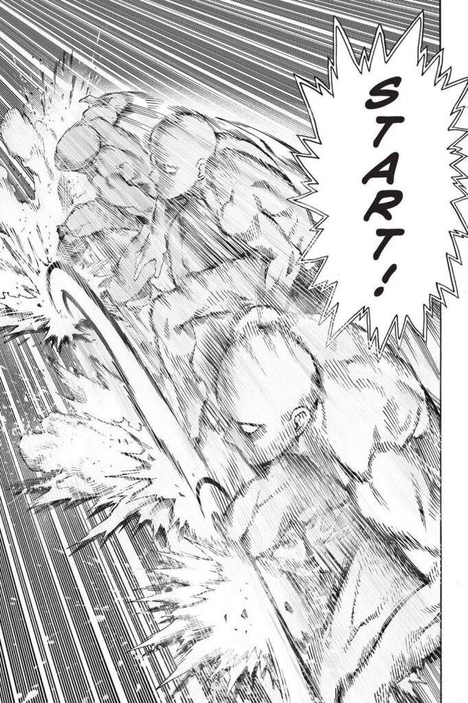 Saitama performs lateral jumps very quickly, causing after-images to appear beside him as he moves.