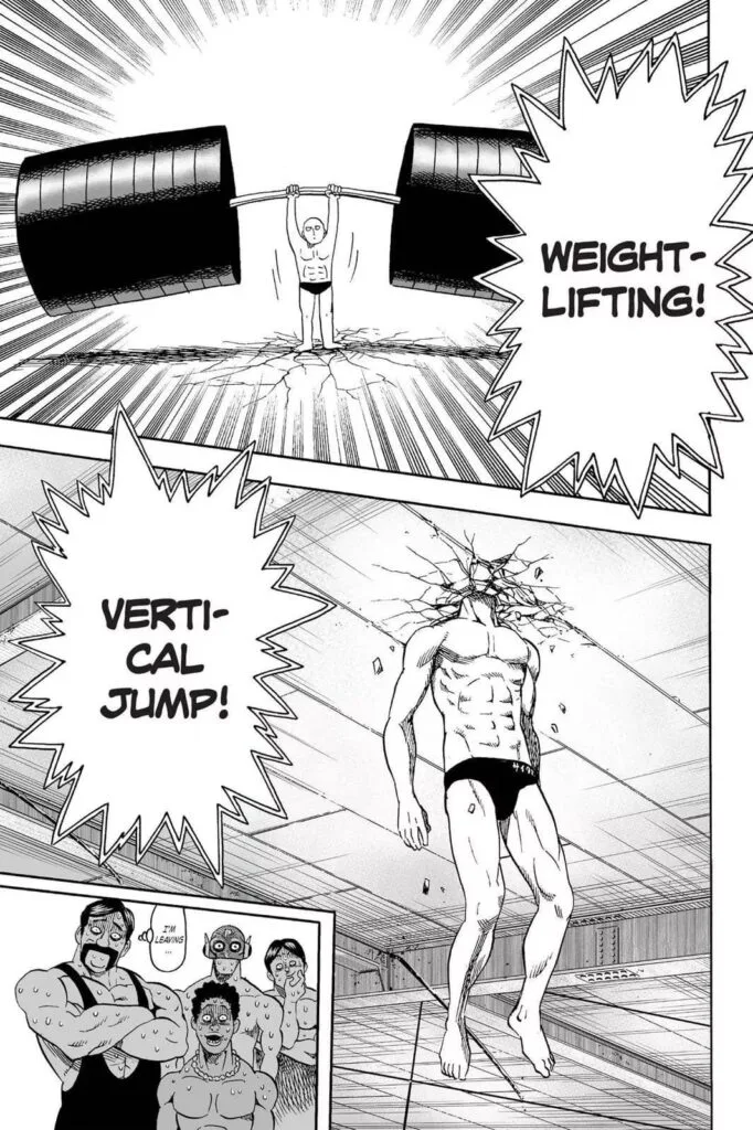 Saitama successfully weight lifts a huge barbell, and his head gets stuck in the ceiling during a vertical jump.