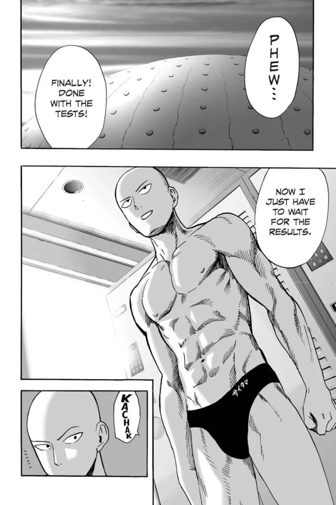 Saitama, wearing underwear, proudly finishes the tests and waits for the result.