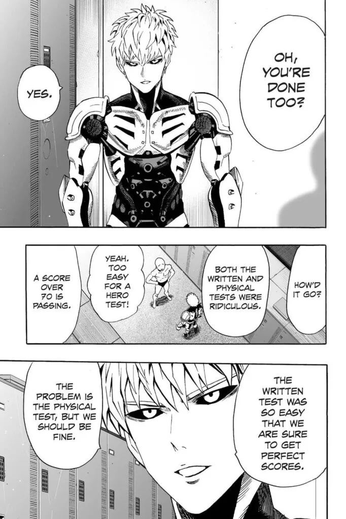 Genos appears, and they both talk about the hero entrance exam in the locker room.