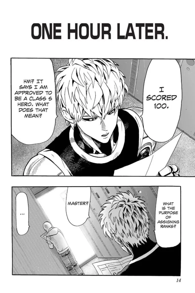 Genos reads his score on a piece of paper, which shows 100, while Saitama looks disheartened.