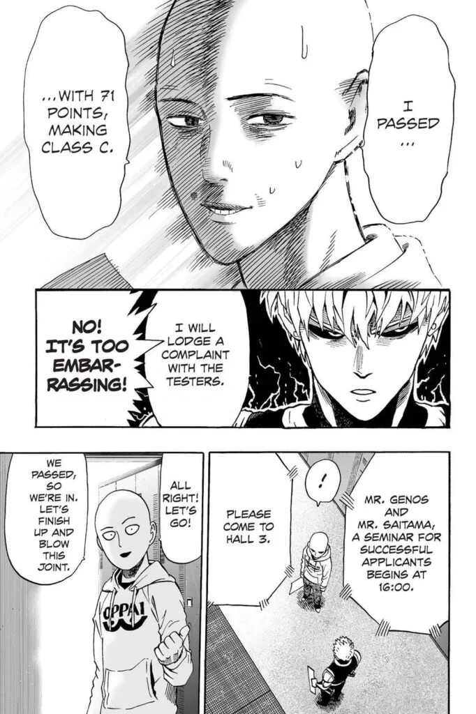 Saitama is disappointed and disheartened after passing with 71 points that landed him in C-Class.