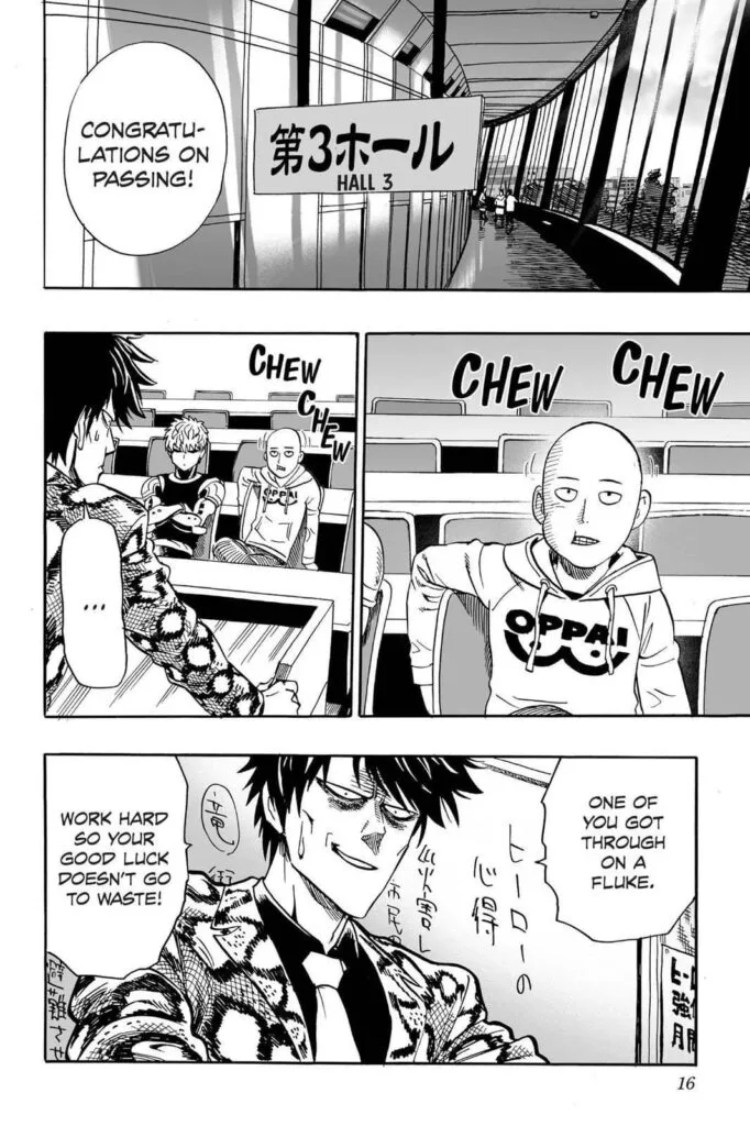 Genos and Saitama are sitting in a room while a man congratulates them.