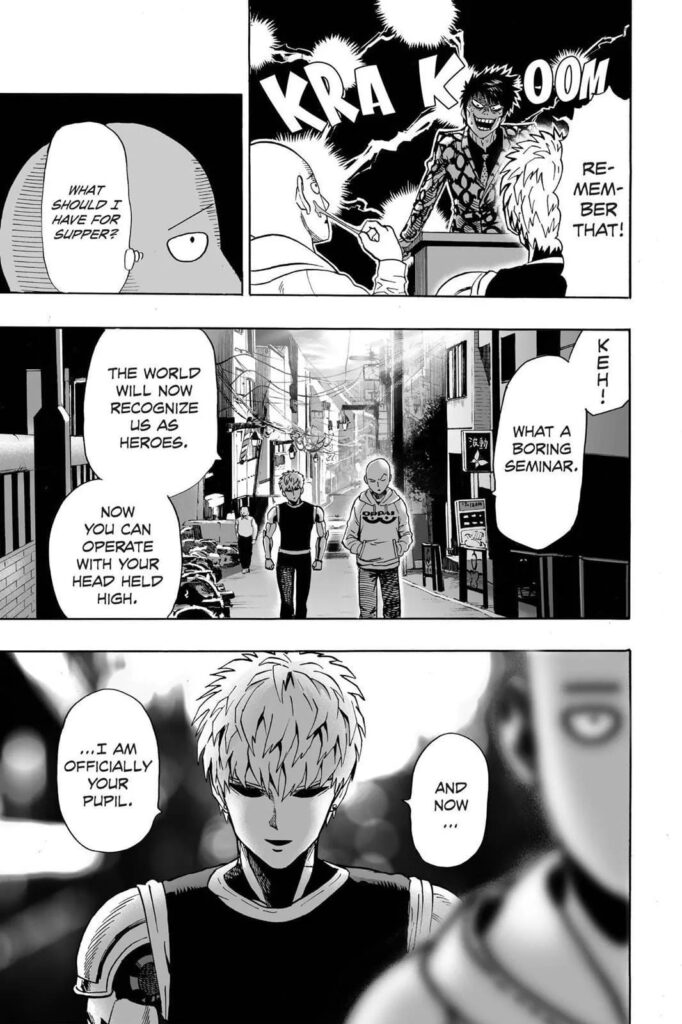 Saitama and Genos in the street as they walk home.