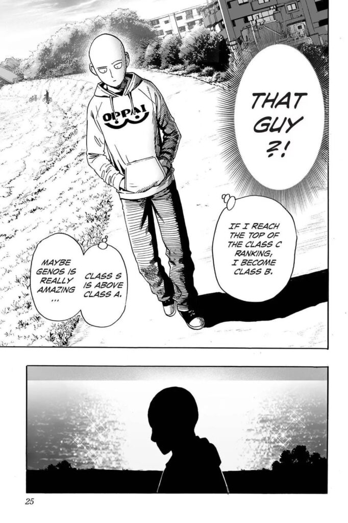 Saitama Sensei walks alone in deep thoughts about the ranking and how Genos is really amazing.