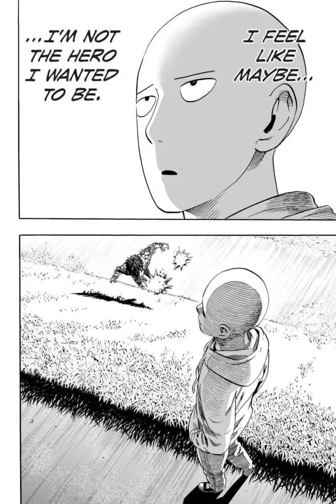 Saitama has doubts about himself being a hero when a person approaches him from below.