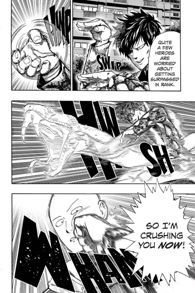 Snek attacks Saitama with his snake-style martial arts and hits his face.