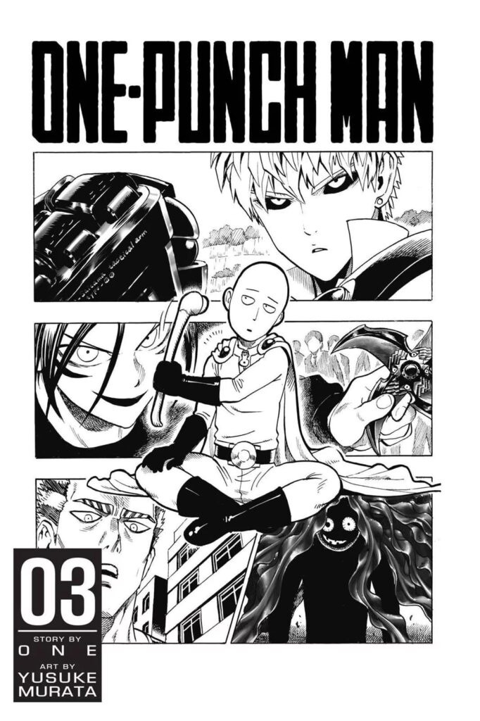 Genos is showing his fist, Sonic his shuriken, Saitama is sitting down holding a pipe, and some random characters are below.