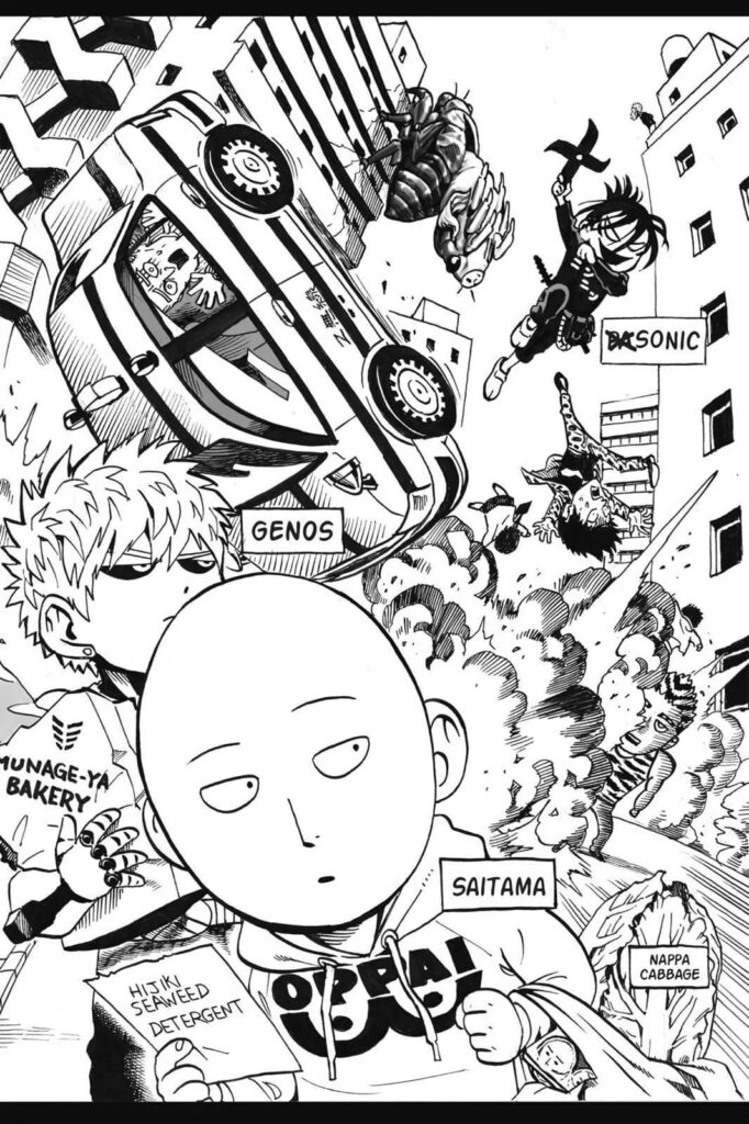 Saitama and Genos are carrying grocery items while there is total chaos behind them.