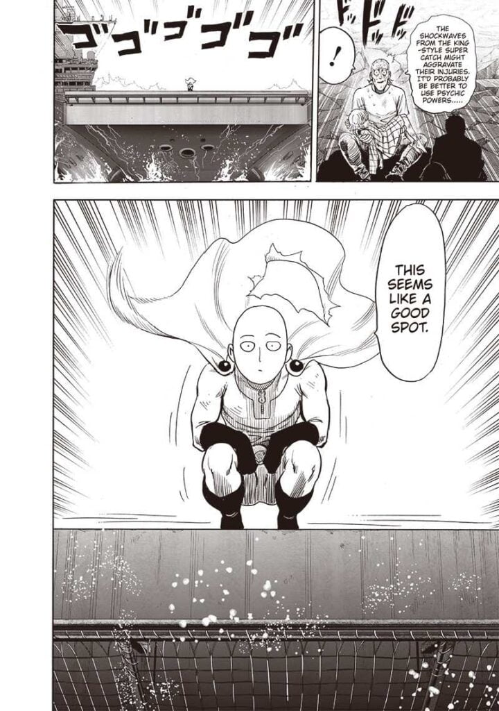 Saitama sits on the aircraft carrier and sees King's group.