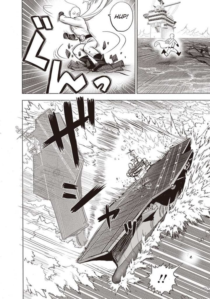 Saitama runs to the center of the carrier and twists it using his feet.