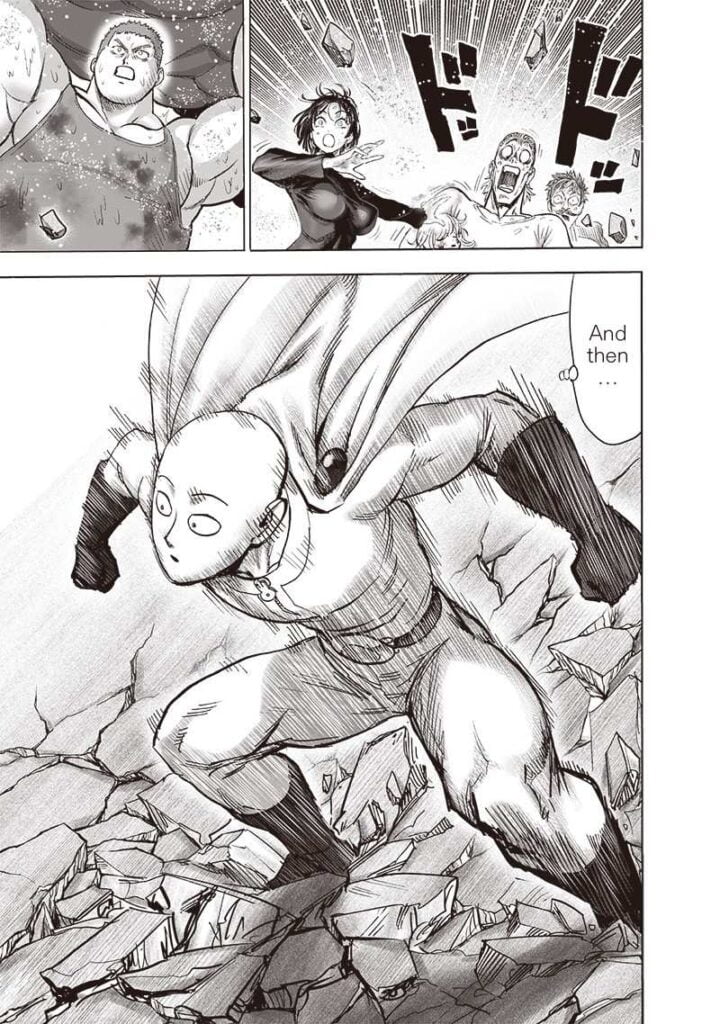 Spring Mustachio, King, Fubuki, and Tank-top Master watches in awe. Saitama braces his muscular legs.