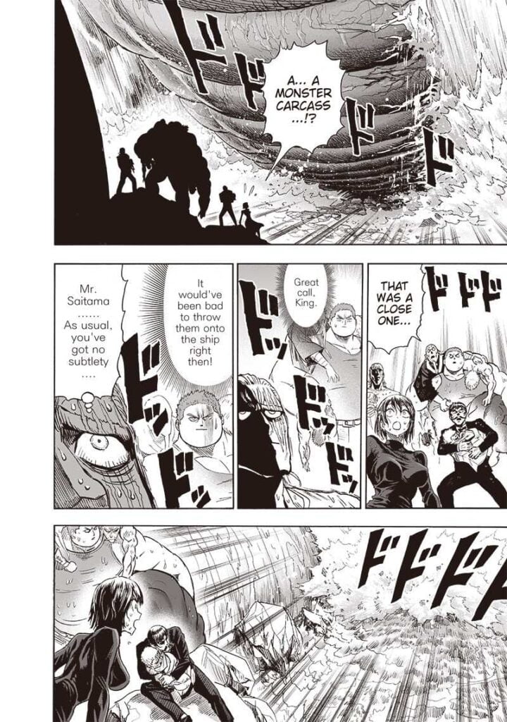 King's group is now protected with the monster's carcass. Meanwhile, Fubuki sees the waters approaching them.