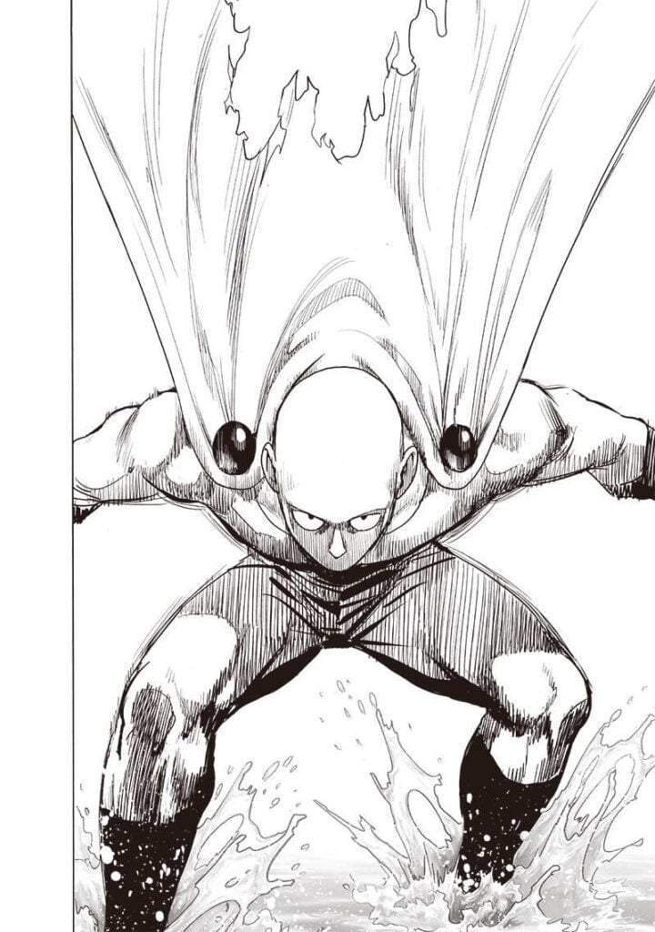 Saitama looks at Garou as he balances himself.