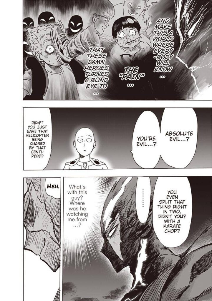 Garou remembers his younger self and Tareo being bullied. Saitama looks surprised at Garou.