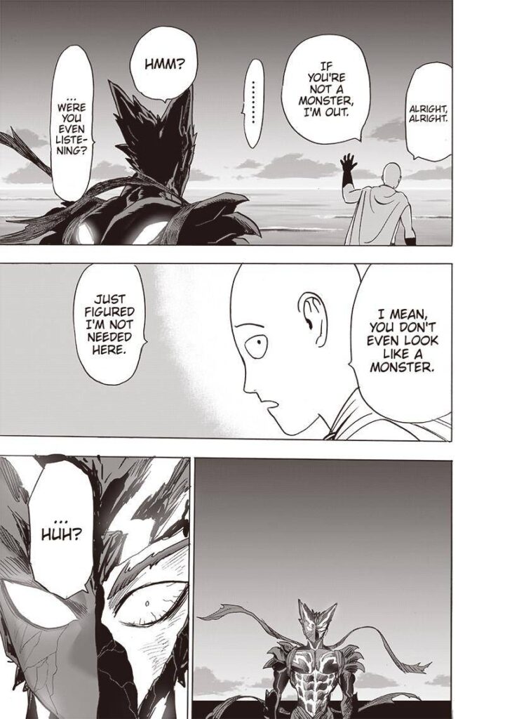 Saitama bids farewell to Garou after noticing he is not a monster. Garou watches in surprise.