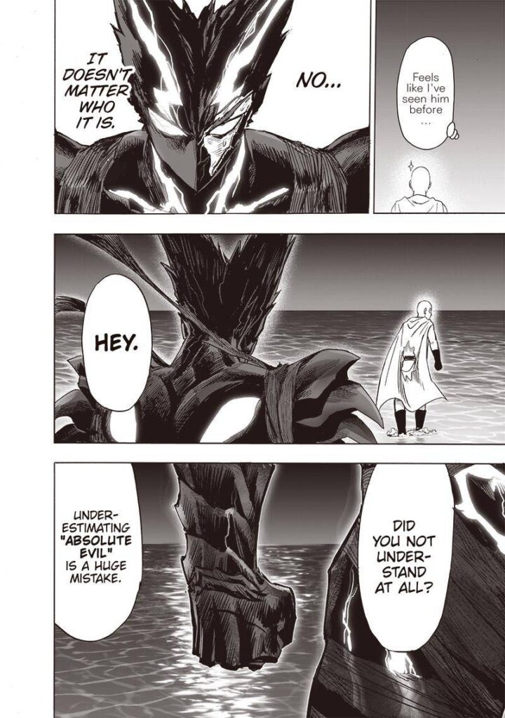 Garou clenches his fist and calls Saitama.