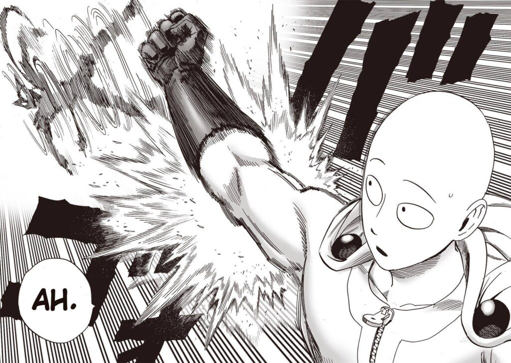 Saitama punches him. Garou flips and gets thrown away.