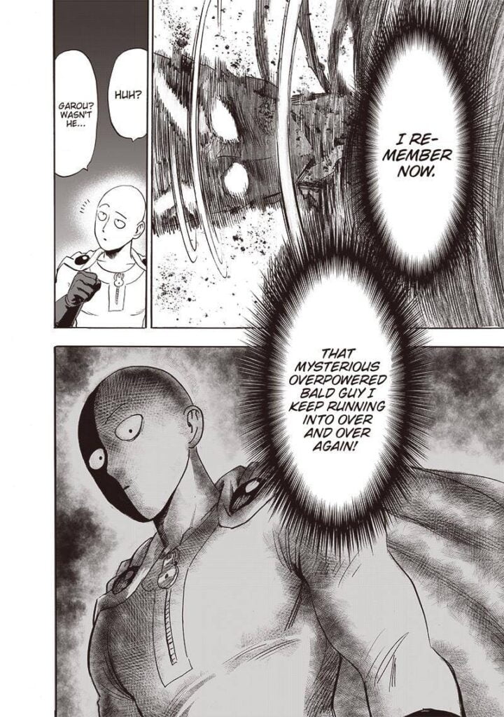 Garou looks at Saitama and recalls him as the mysterious, overpowered bald guy he keeps encountering.