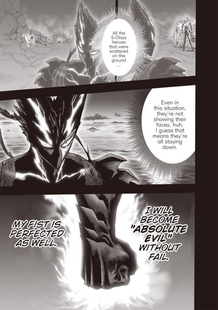 Garou analyzes the location of S-Class heroes while his fist glows.