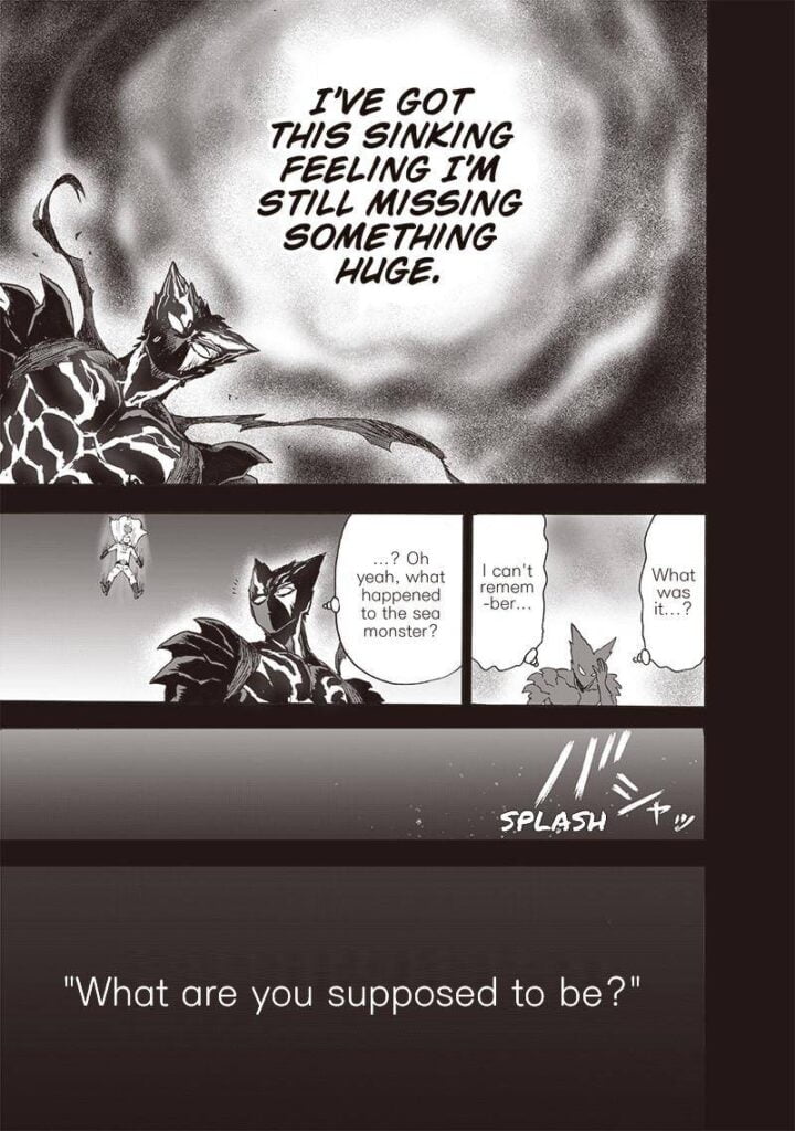 Garou tries to remember something that he is missing. Saitama falls from behind him.