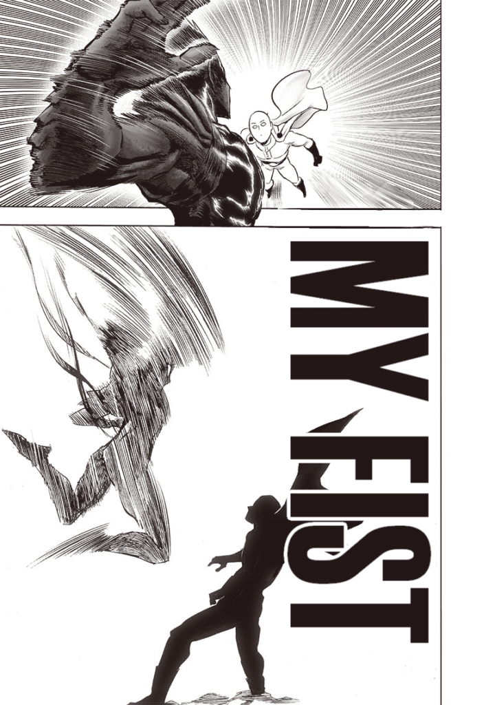 Garou attacks Saitama, who is now standing in front with a karate chop.