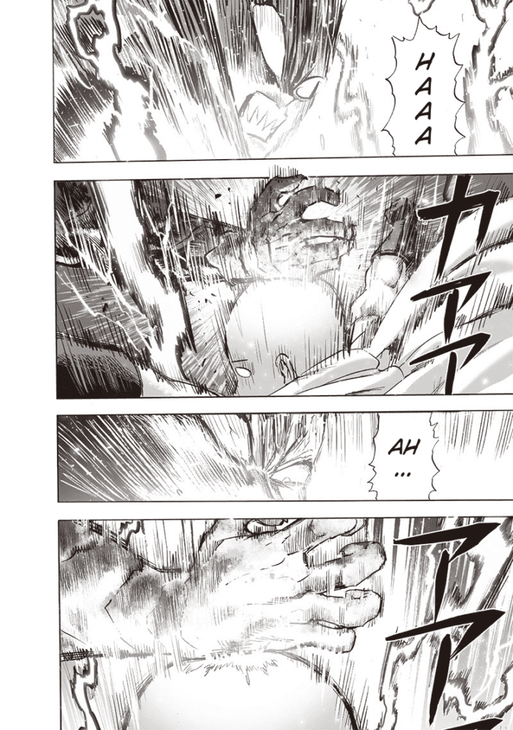 Garou is forceful as he pins Saitama's bald head using his karate chop. Lightning starts to appear around them.