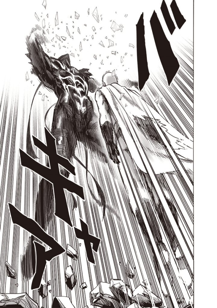 Saitama jumps, breaking Garou's arm like a shattering crystal.