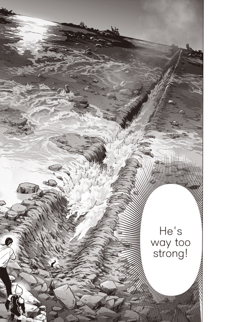 Garou's path when he was thrown away creates a trench. Water starts going into the trench.