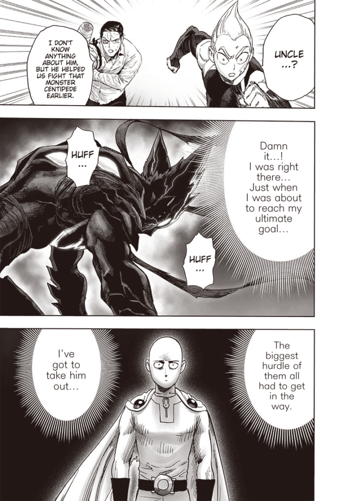 Sekingal and Lightning Max chases Tareo. Garou starts emitting an aura while remembering Saitama.