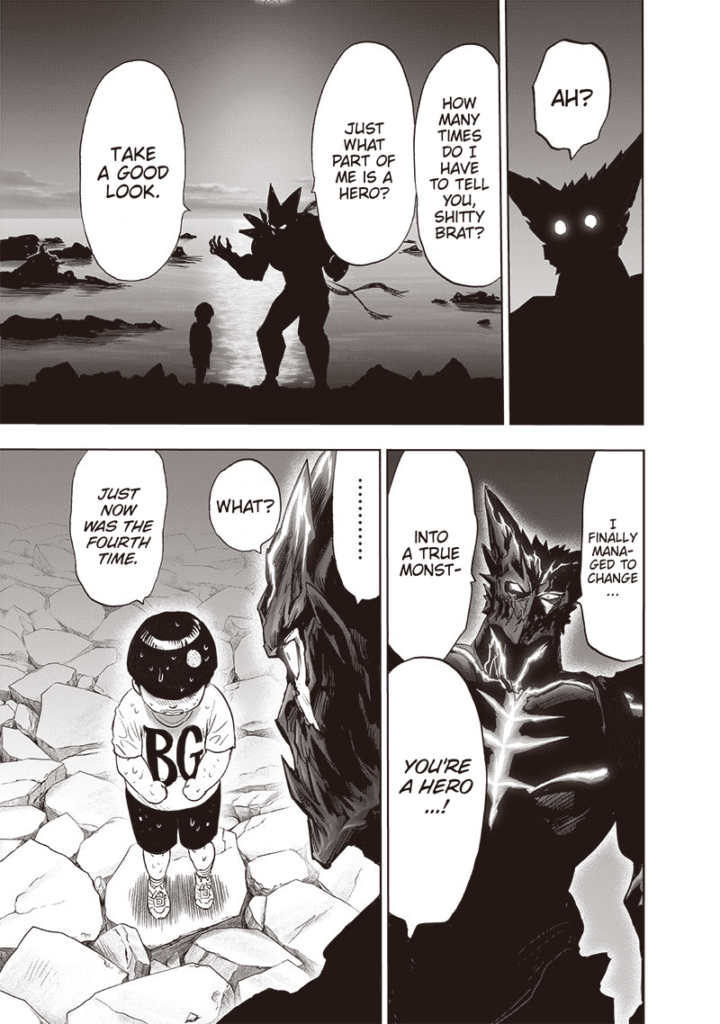 Monster Garou explains to Tareo that he is not a hero. Tareo says he is for the fourth time.