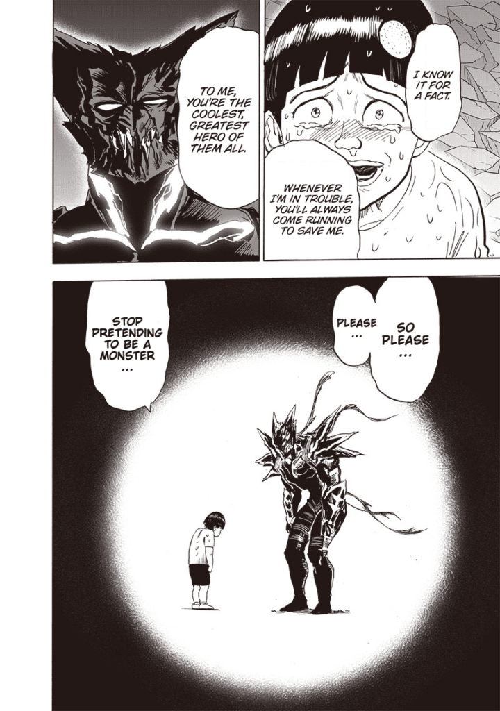 Tareo cries as he tells Garou not to pretend to be a monster.