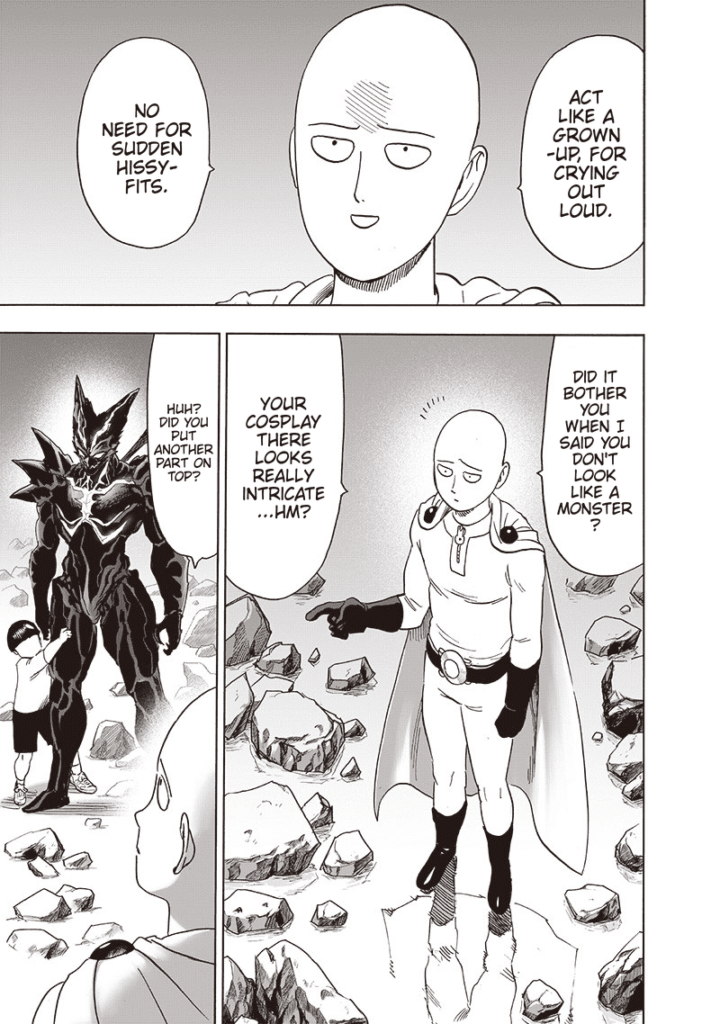 Saitama points at Garou's new evolved form, thinking it's a new cosplay. Tareo hugs Garou's leg.