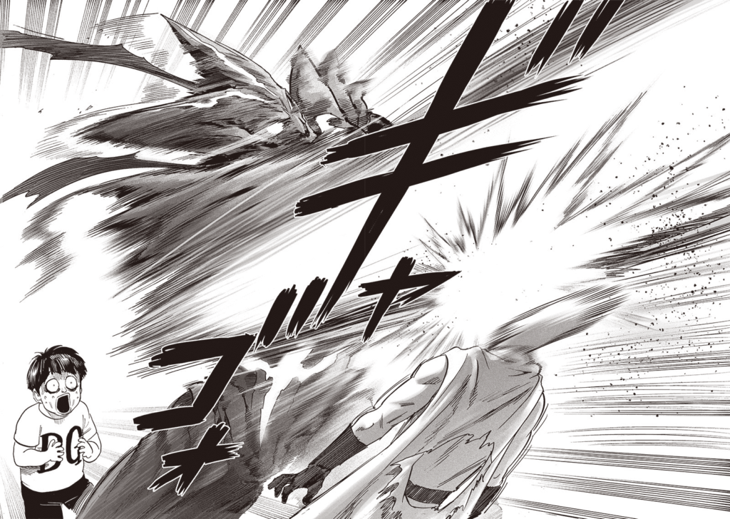 Garou suddenly attacks Saitama with a powerful punch on the head. Tareo looks surprised.