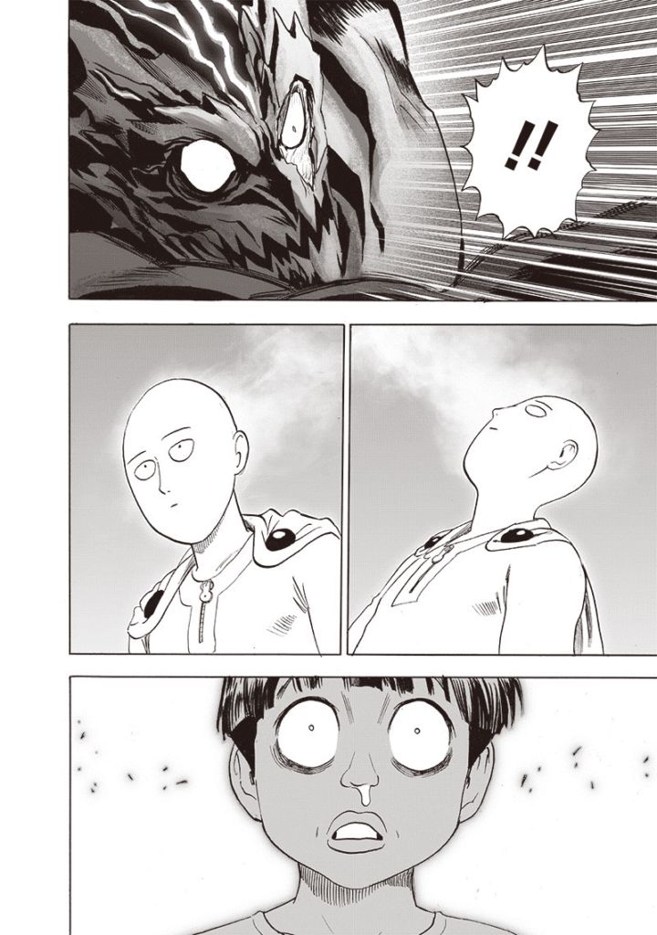 Monster Garou and Tareo look surprised after seeing Saitama unhurt with no damage.